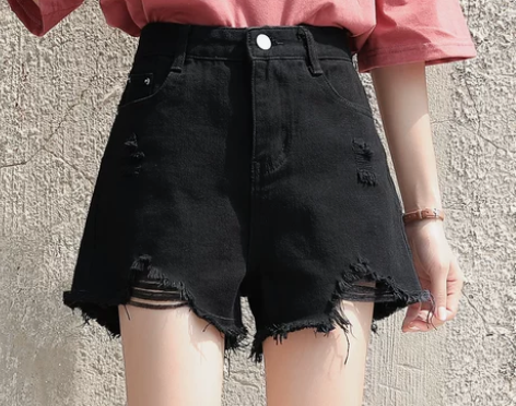 2019新款韩版黑色破洞牛仔短裤女潮ins...