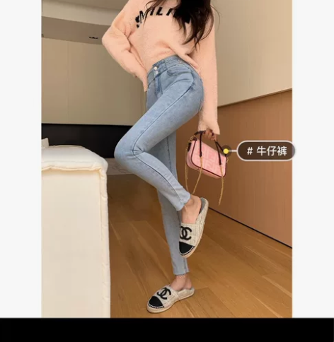 梨家 高腰小脚牛仔裤 休闲铅笔裤浅蓝色 m...
