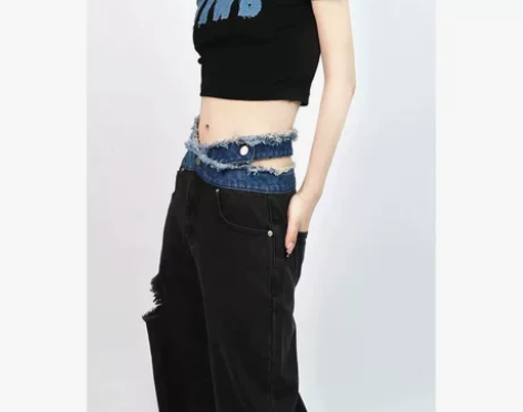 1W BLACK黑色高腰破洞牛仔裤女夏季2...