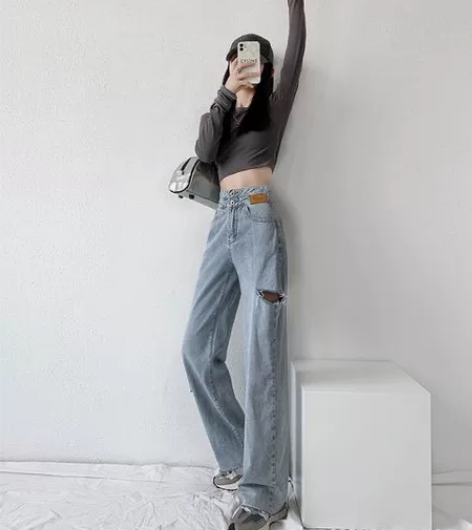 设计感破洞直筒牛仔裤裤女夏天薄款高腰显瘦宽...
