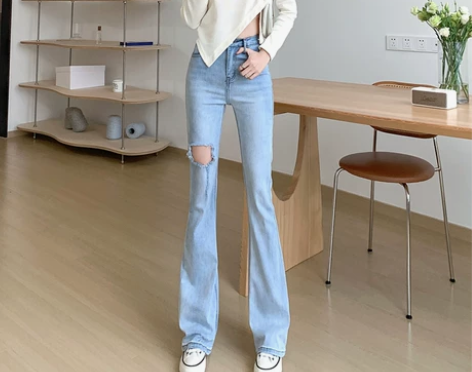 GxyO高腰破洞微喇牛仔裤女2022春夏季...