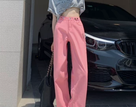 粉色直筒牛仔裤女夏季薄款宽松显瘦可调节高腰...