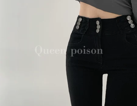 ?秒变腿精超高腰三排扣牛仔裤紧身九分小脚裤...