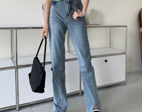 开叉阔腿牛仔裤女2021年新款复古港风大码...