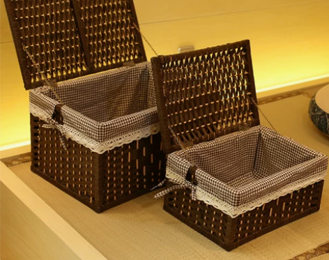 藤编编织竹编收纳筐带盖储物篮桌面收纳盒脏衣...