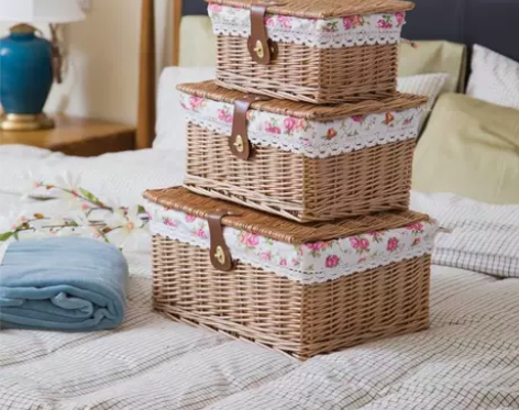 藤筐柳编藤编收纳筐田园布艺收纳篮化妆品收纳...