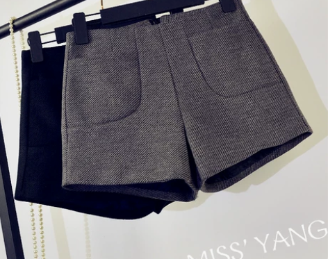 冬季毛呢短裤女秋冬外穿高腰裤子阔腿裤… 感...