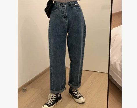 酷帅水洗做旧蓝色牛仔裤韩版高腰显瘦锥形裤直...