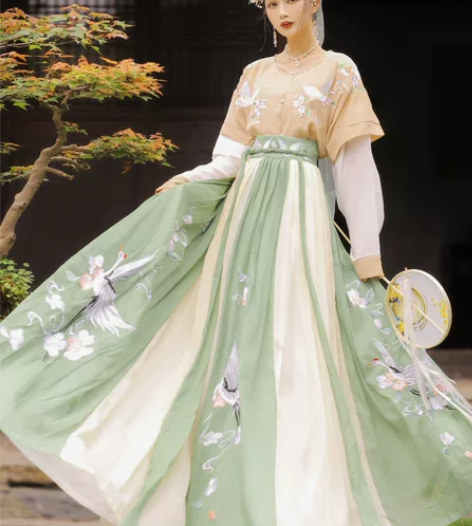 玉术汉服女幽风原创正品坦领齐腰儒裙春夏仙鹤...