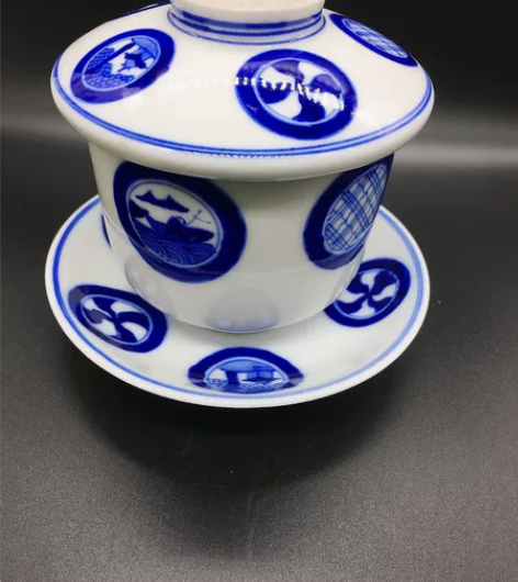 日本九谷烧九谷福字青花手绘盖碗盖杯茶碗老杯...