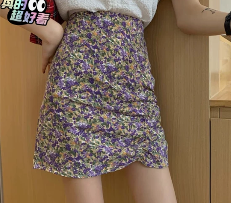 闲置小个子高腰显瘦不规则抽褶包臀裙碎花半身...