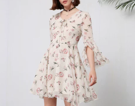 百图雪纺连衣裙女夏2020新款不规则碎花中...