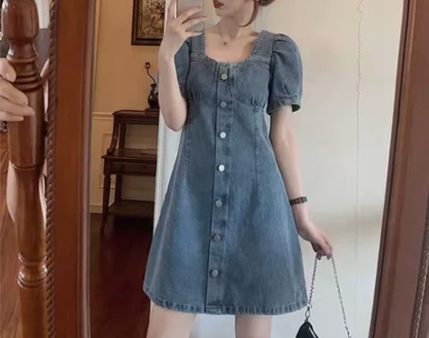 春季2022新款港风收腰显瘦泡泡袖气质牛仔...