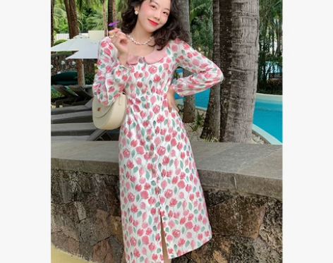 许大晴 港风复古碎花连衣裙女春款收腰显瘦中...