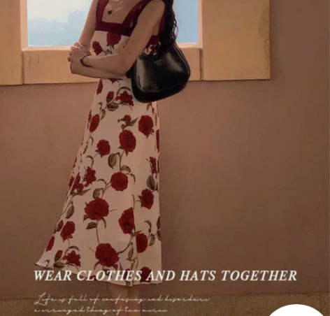 复古港风玫瑰碎花印花方领连衣裙女春夏新款收...