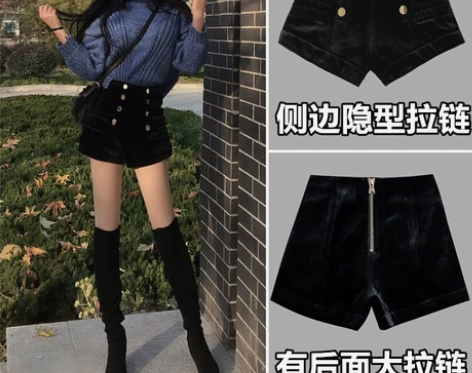 短裤女秋冬2020新款双排扣金丝绒毛呢皮裤...