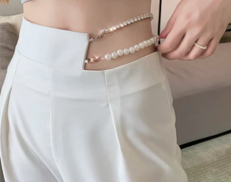 镂空镶砖珍珠链条阔腿裤长裤子女夏设计感薄款...