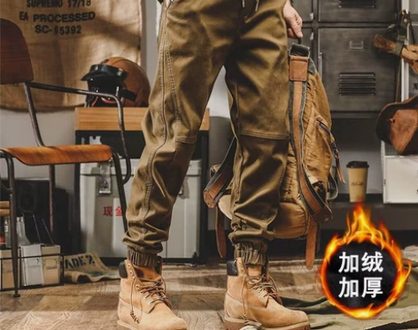 美式复古加绒工装裤子男冬季宽松直筒男士休闲...