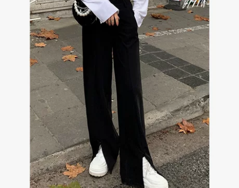 黑泽玄七微胖mm秋冬高腰显瘦宽松裤脚开衩垂...