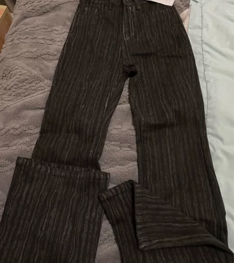 韩版新款复古深蓝色喇叭拖地牛仔裤女条纹做旧...