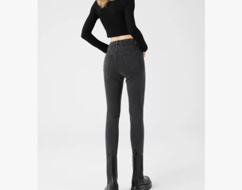 烟灰色高腰加薄绒牛仔裤女2022秋冬季新款...