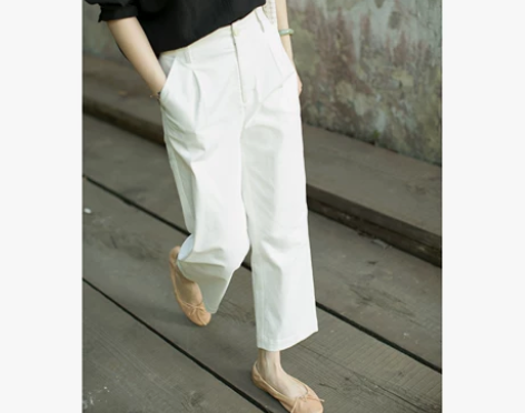 浆果「留白」全棉弹力白色休闲裤女宽松阔腿松...