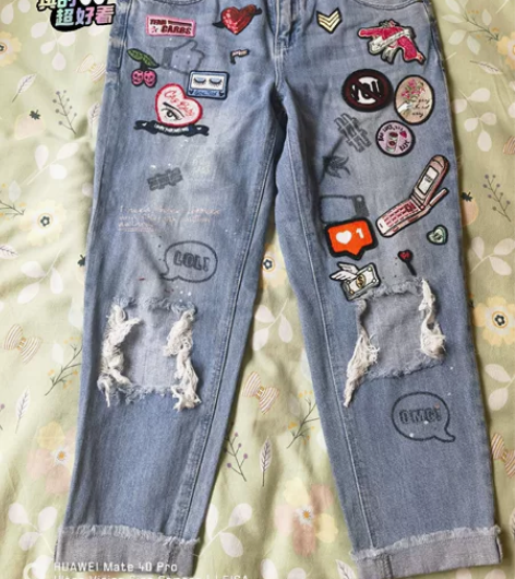 【包邮】ONLY七分牛仔裤 破洞贴片酷女孩...