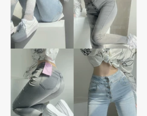 ?撩男于无形 四排扣浅蓝高腰牛仔小脚裤女包...