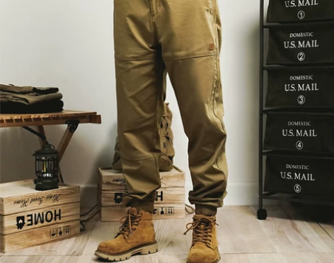 美式复古工装裤子男秋冬季加绒加厚宽松潮牌束...