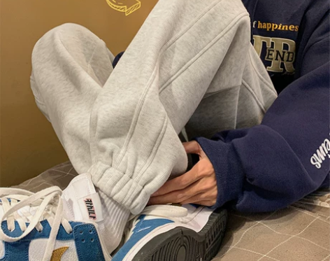 浅灰色运动卫裤男款冬季纯色百搭重磅加绒束脚...