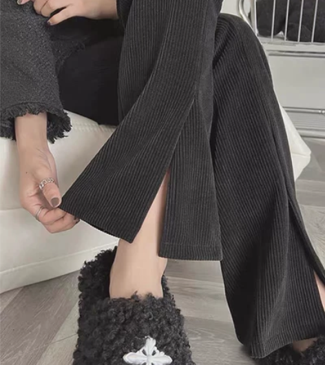 拉夏贝尔雪尼尔秋冬加绒裤小个子高腰垂感开叉...