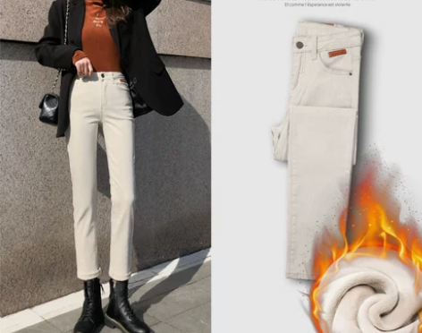 白色加绒直筒牛仔裤女冬季2021年新款高腰...