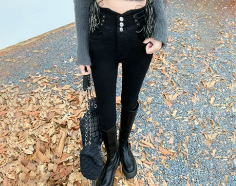 黑色高腰加绒牛仔裤女秋冬季小脚裤2022年...