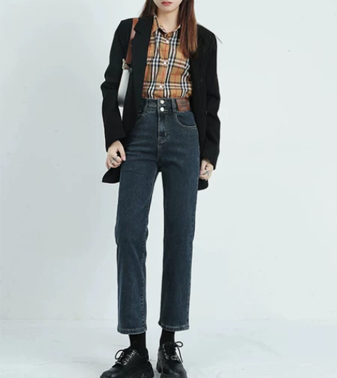 牛仔裤女2022年秋新款小个子高腰宽松显瘦...
