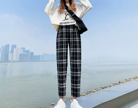 黑白格子裤子女裤子春秋夏季直筒复古显瘦小个...