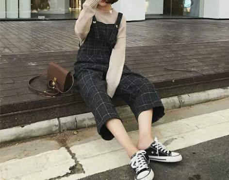文艺复古格子高腰显瘦毛呢九分背带裤女201...