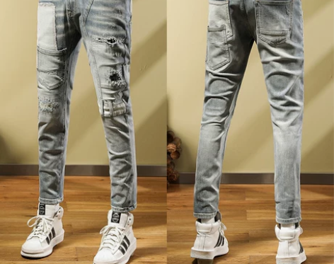 痞帅撞色多口袋牛仔裤男士怀旧拼接补丁复古