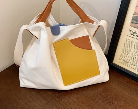 设计拼接帆布休闲女包单肩包手提托特包百搭女...