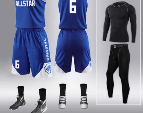 篮球服套装男四件套比赛训练队服儿童长袖紧身...