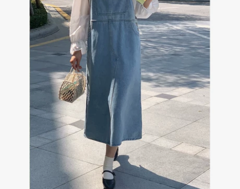 5siss 开叉牛仔背带裙女小个子韩版中长...