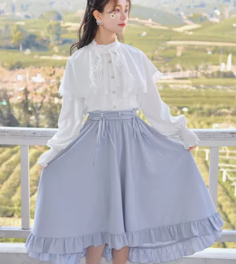 原创森女部落法式少女高腰A字裙浪漫花边半身...