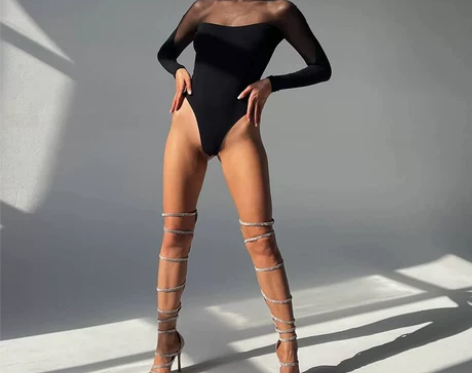 连体短裤欧美性感网纱拼接高领连体上衣辣妹纯...