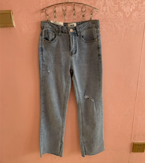 直筒女牛仔裤全新S破洞牛仔裤女夏季薄款韩版...