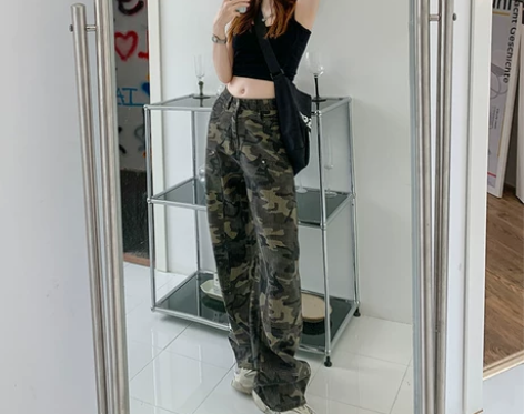 ?PVJ美式辣妹迷彩牛仔裤女休闲阔腿工装裤...