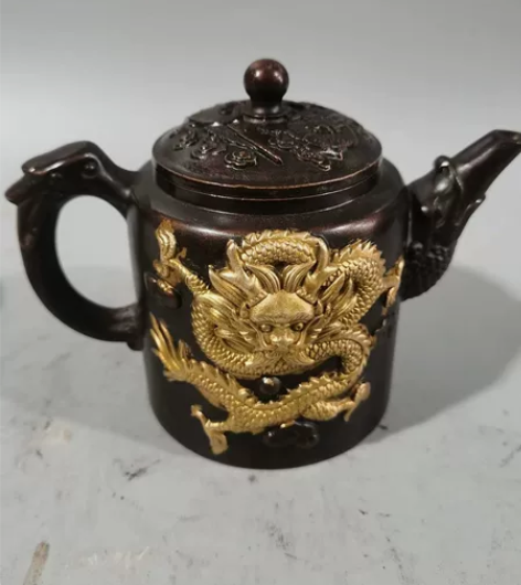 仿古紫铜鎏金龙凤茶壶复古铜酒壶水壶手把壶家...