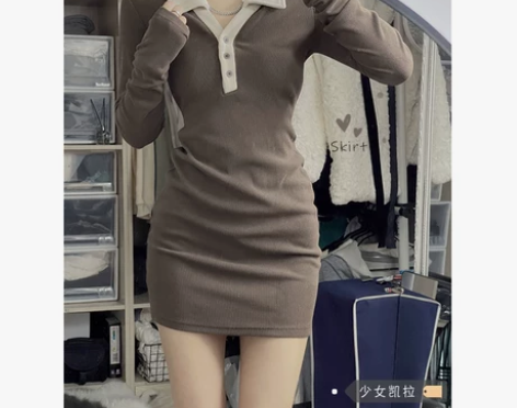 辣妹POLO领针织连衣裙女秋冬季新款修身内...