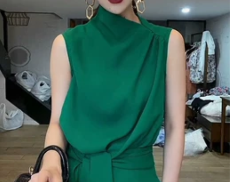 绿色气质连衣裙女2021夏季新款炸街设计感...