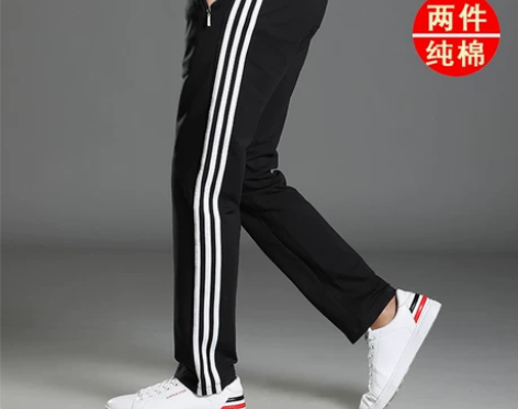 休闲裤子运动裤男士夏季薄款宽松纯棉三道杠卫...