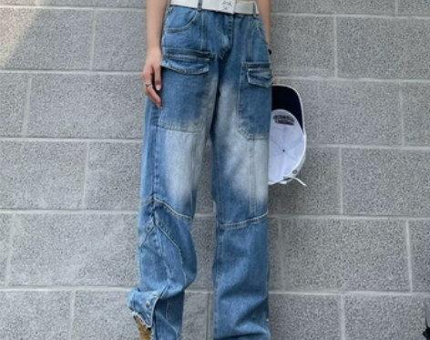 高街复古vibe风多口袋工装牛仔裤男女直筒...
