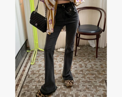 区区欧阳 做旧微喇牛仔裤女高腰直筒垂感长裤...